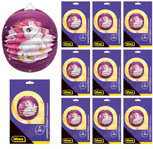 Idena 90283 - Lampion Einhorn, 10 Stück, ca. Ø 26 cm, lila Papierlaternen mit Einhornmotiv, Kinder Laterne für Sankt Martin und Lichterfest