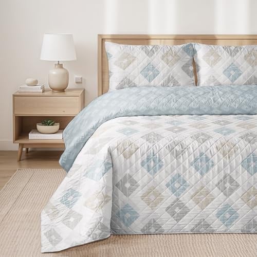 BOHEME Rombos Aqua-Tagesdecke, bedruckt, wendbar, Blau, 250 x 270 cm – Bett 150 cm