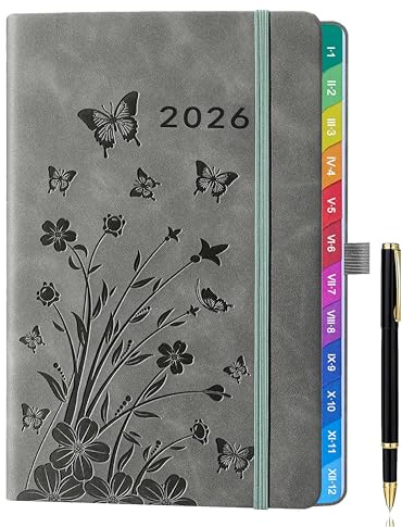 Agenda 2026 Semainier A5 – Janv.-Déc., Vue Semaine, Planner Hebdomadaire et Mensuel, Gris, Onglets Mensuels Colorés, Porte-stylo Élastique, 2 Signets, Passant pour Stylo et Pochette Intérieure