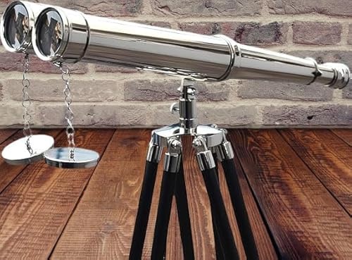 Nickel Brass Binoculars – Functional Nautical Decor for Adults – Marine Binocular Replica on Adjustable Wooden Tripod – Maritime Collector’s Piece