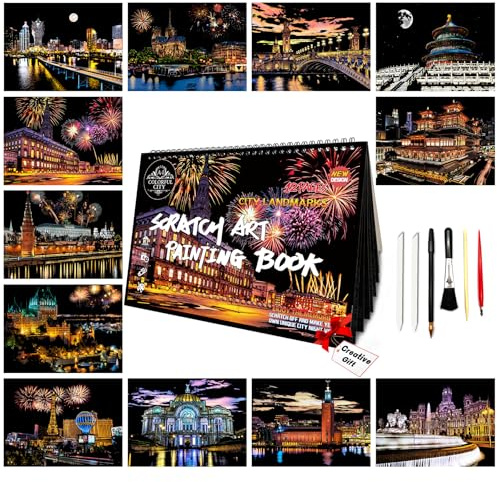 SiYear Lot de 12 feuilles de papier à gratter pour adultes et enfants - Scène de nuit - Cadeau créatif - Gravure sur film - Bricolage avec 4 outils (A4 - Série City A4