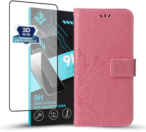 LBH Handy Hülle für Xiaomi 12 / 12X Case mit 9H Displayglas Handytasche Schmetterling Blumen Flower Standfunktion Schutzhülle Magnet Rundum Schutz 360 Grad Flipcase Rosegold