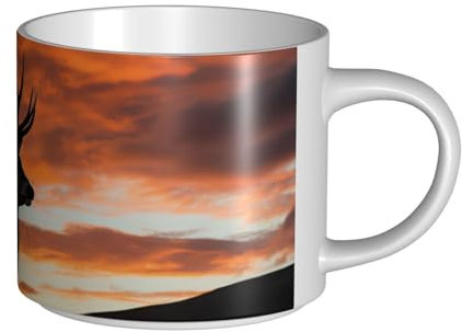 TRSGKSQP Ceramic Coffee Mug 15 oz Coffee Cup with Large Handle Tea Cup Red Deer Bull Elk Sunset Novelty Tea Mugs Large Porcelain Travel Mugs for Men Women Office Work