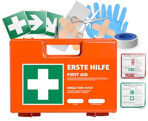 5 x första hjälpen-låda – DIN 13157 väska för företag och företag – förbandslåda orange testad enligt gällande standard – med klistermärke och väggfäste (5)