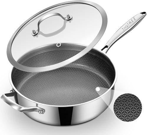 Inqibee 28CM Hybrid Ceramic Coating Non Stick Tri-Ply Stainless Steel Sauté Pan with Lid, 12 Inch Deep Frying Pan PFOA & PFOS Free,Induction Cooking Pan, Detachable Handle,Oven Safe Up to 500 °F