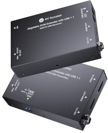 AV Access 4K60Hz HDMI & USB KVM Extender Over Cat6/6A/7 Upto 230ft, HDR10 | HDCP 2.3, 2xUSB 1.1, Bi-Directional PoC, EDID Switch, HDIM Loop-Out for Retail & Control System (4KEX70-USB)
