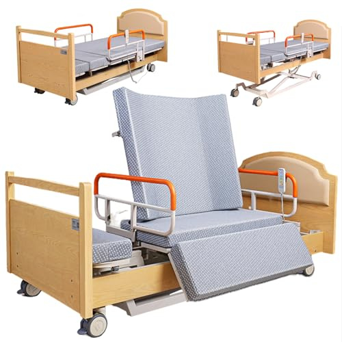 Juodkeo Elektrisch verstellbares Premium-Bett mit 5 Funktionen und Kopfteil aus massiver Eiche, 90° drehbar, ultraleiser Motor, für Senioren in der häuslichen Pflege,Style 1