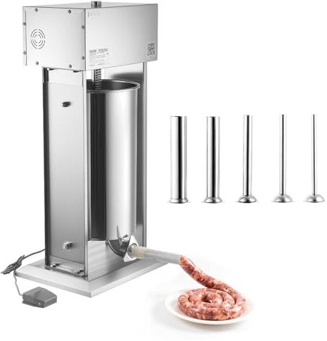 VEVOR Insaccatrice Elettrica Verticale Capacità 25 Litri, Insaccatrice Verticale in Acciaio Inox per Salsicce da Cucina Supermercato Controllo a Pedale Velocità Regolabile, 5 Ugelli di Riempimento