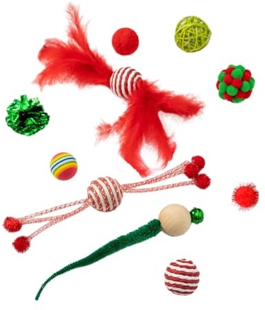KAHDGSS Boules De Noël pour Chat Accessoires Jouets Pompons en Fourrure Accessoires Souris en Rotin pour Chats D'intérieur Interactifs
