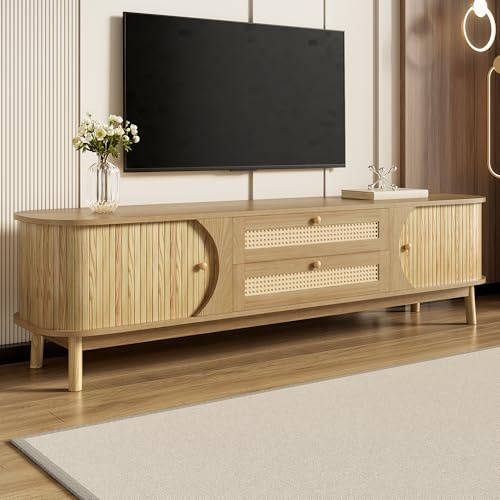 Gxffipw TV Stand Cabinet is 170 cm in Length for TVs 70 inches and Below, TV Unit Cabinet with Rattan Drawers and Sliding Door, Living Room Furniture, Batural Country House Style, Natural Wood