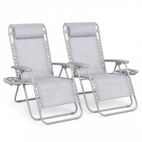 Straame Zero Gravity Chairs Set of 2,Folding Reclining Garden Chairs, Textilene Outdoor Chair, Lockable 170° Sun Loungers for Garden, Steel Frame, 150 kg Max Load(Classic, Silver Grey)