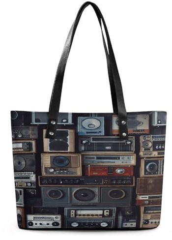VstaDank Vintage Wall of Radio Boombox Tote Bag Soft Leather Handbags for Women Fashion Handle Bag with Zipper for Work Casual Travel