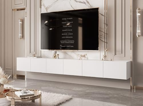 IDOHOME TV Lowboard hängend mit LED und 6 Fächern 300 cm Weiß Matt | 300 x 40 x 36 cm, Laminierte Platte, Mehr Stauraum, Push to Open, TV Zubehör, LED Beleuchtung