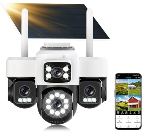 Videocamera di Sorveglianza 4K Esterna Senza Fili, Quattro Obiettivi/Videocamera Solare/Batteria, Telecamere di Sorveglianza 4G con Scheda SIM, Visione Notturna, Allarme, Audio Bidirezionale