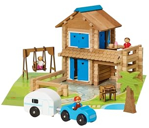 Jeujura - Maison de Vacances 185 Pièces - Jeu de Construction 5 Ans - 8017 | Jeu en bois enfant - Personnages et accessoires inclus - Valisette de rangement - Imagination - Fabriqué en France