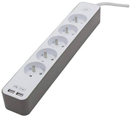 CHACON Bloc Multiprise 5 Prises 16 à avec 2 Ports USB et Câble 1,5m HO5VV-F 3X1mm² Blanc et Brun