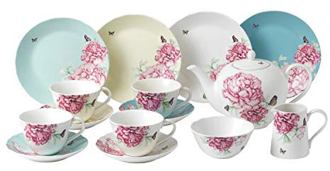 Royal Albert Kerr for 40034018 Miranda Kerry Everyday Teeservice 15-teilig Teetasse Untertasse Beilagenteller 20 cm Teekanne Sugar & Cream Multi Porzellan, 15pc Set