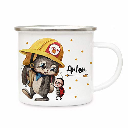 ilka parey wandtattoo-welt Emaillebecher Becher Tasse Camping Feuerwehr Häschen Hase & Wunschname Name Kaffeetasse Geschenk eb557