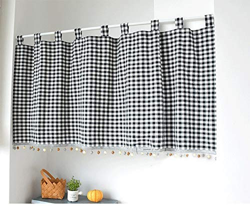 Yaland Elegant Schlaufenschal karo Gardine Karierte Küche Gardine Scheibengardine mit Kugeln-Kante Landhausstil Bistrogardine mit Raffhalter (HxB 80x200cm, schwarz) 1 Stück