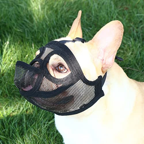Maulkorb für Hunde mit kurzer Schnauze, verstellbar, atmungsaktiv, Netzgewebe, Bulldogge, Hundemaske für Bellen, Beißen, Kautraining (Größe M)