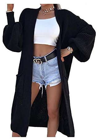 Candid Styles Ladies Long Maxi Knitted Cardigan Balloon Sleeve 2 Pocket Womens Open Front Boyfriend Cardigans Top (Black, 8-14)