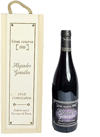 CALLE DEL REGALO Botella de vino BIO con etiqueta ‘Gran Reserva’ con caja de madera personalizada con año, nombre, apellido y dedicatoria