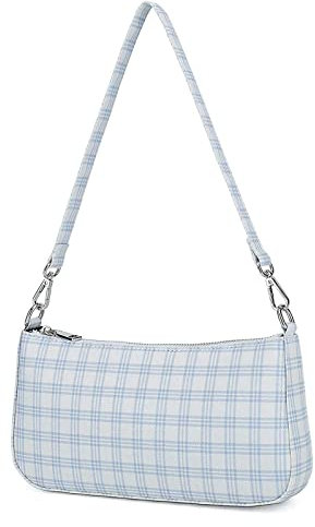 Right 20 Retro Kariert Segeltuchtasche Handtasche Damen Kariert Tartan Umhängetasche kariert Punk Handtaschen 90er Umhängetasche für Damen Canvas Achseltasche (Weiß)