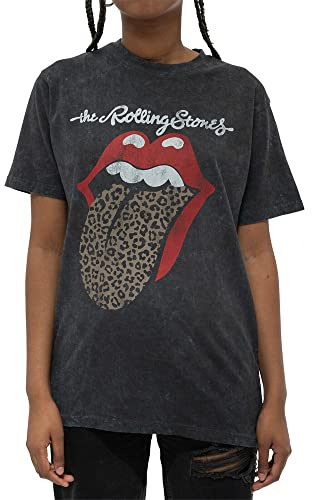 The Rolling Stones T Shirt Leopard Tongue Official Unisex Black Acid Wash XL