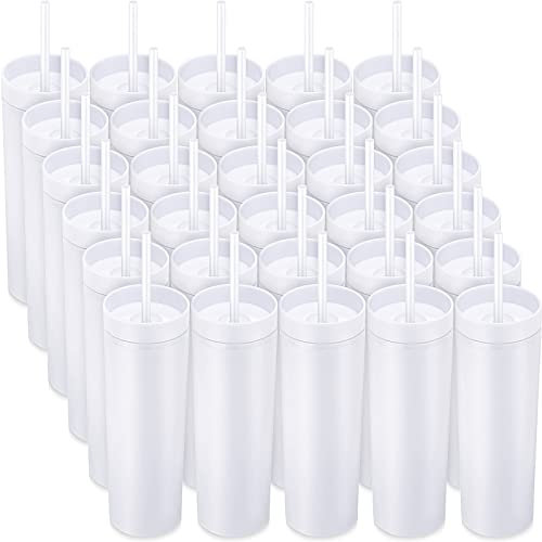 Mimorou 30 Stück Skinny Tumbler mit Deckel und Trinkhalmen, 473 ml, matt, farbige Acrylbecher, doppelwandig, Kunststoffbecher, schmaler Reisebecher, Zuhause, Büro (weiß)