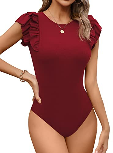 Missufe Body da donna elegante, scollo rotondo, con volant, a maniche corte, Colore: rosso, M