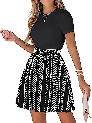 CUPSHE Damen Sommerkleid Rundhals Kurzarm Taillenschnürung Geometrische Muster T Shirt Kleid Freizeitkleider Tunika Mini Dress Schwarz M