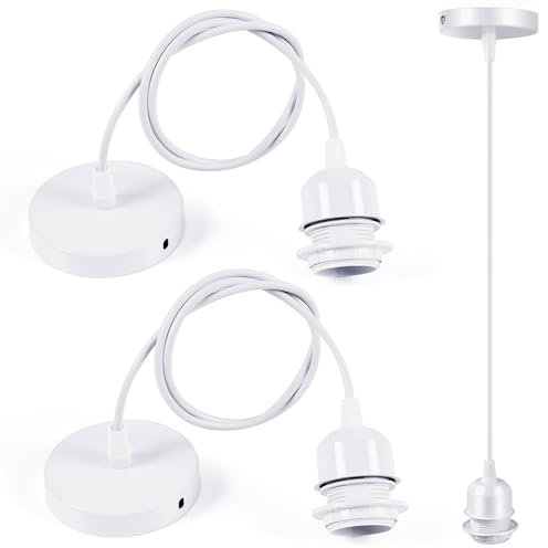 Sevenpers Metal Pendant Light Fittings Ceilings, E27 Lamp Holder Modern Style White Light Fittings with Ground Wire and Lock Ring for Lampshade,90cm Cable 2 Pack