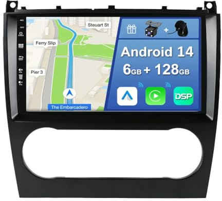 YUNTX [6GB+128GB] Android 14 Autoradio per Benz C-Class W203 W209 C180 C200 CL203 C209 (2004-2007)-[Incorporato Carplay/Android Auto/DSP/GPS]-9 IPS 2.5D Touch Screen-CAM+MIC-DAB/Mirror Link