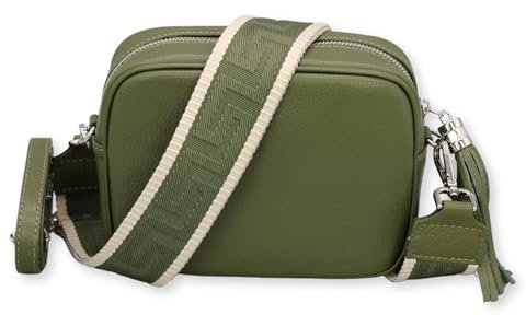 BRISE Umhängetasche Damen Echtleder KIRA Silber Handgemachte Crossbody Bag Schultertasche mit Ledergurt + Optionalen Breiten Gemusterten Riemen Verstellbarer Gurt Made in Italy (Khaki - 5)