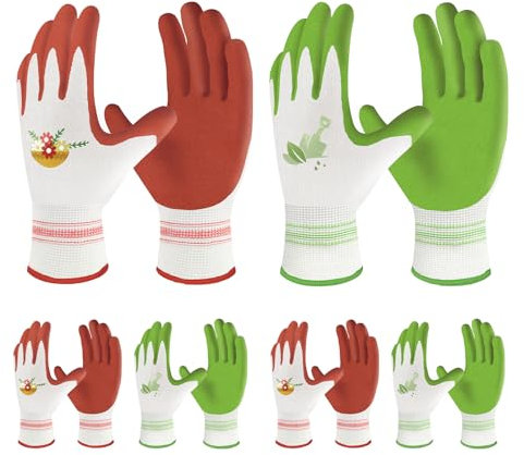 Velway 6 Paar Gartenhandschuhe für Frauen - Atmungsaktive Gummi-beschichtete Gartenarbeitshandschuhe - Outdoor-Schutzhandschuhe mit Griff Garten-Geschenke - Rot & Grün Groß
