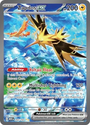 Pokemon - Zapdos ex 202/165 - Mew 151 Scarlet and Violet - Ultra Rare Illustration Card + That Chunky Yellow Mouse Protective Pouch