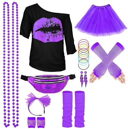 BBring 90er Jahre Outfit,80er Jahre Damen KostÙm - buntes Tutu Haarreif und schwarzes neon Shirt - Gr__e S-XXL - Ballet Fasching Karneval TÙll Rock kurz(Purple, XL) Stirnband Pink