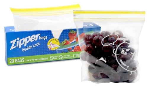 20 Pcs Zip Freezer Bag, Ultra Strong Food Storage Bags with Double Zip, Medium All Purpose Zipper Food Freezing Bags, Airtight, Leakproof, BPA Free Plastic Food Bags (20 * 18cm)