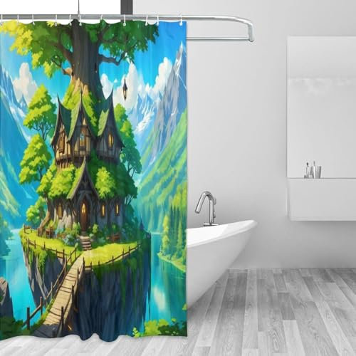 ZGDPBYF Natural Landscape Shower Curtains, Washable Mountain Lake And Treehouse Retreat Fabric Wet Room Shower Curtain -220W X 180H Cm / 86.6 * 71 Inch
