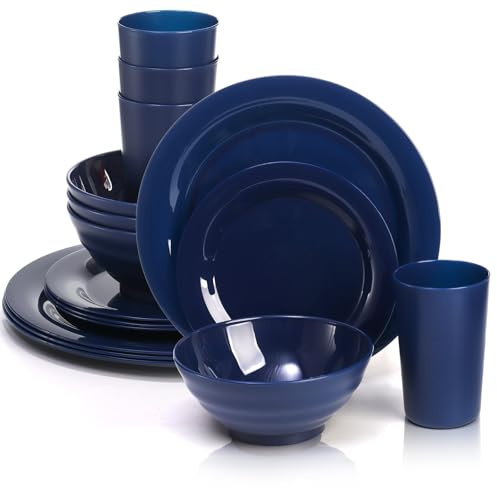 WRINGKIT Juego de 16 platos para 4, juegos de platos y cuencos aptos para microondas, cuencos ligeros con platos, tazas, vajilla de plástico sin BPA para camping, picnic, platos de cocina