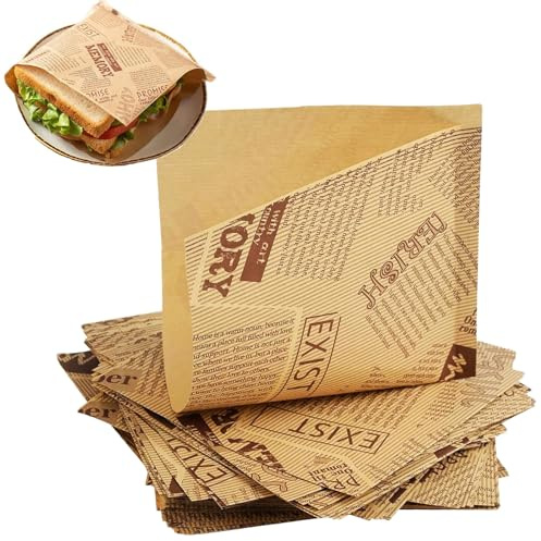 HSYTEK 50 Stück Deli Papierblätter alte Zeitungsdrucke, Butterbrotpapier 15 cm * 15 cm für Sandwiches, Burger, Pommes Frites,Quadratische Verpackungen, Fettdichte Lebensmittelbeutel