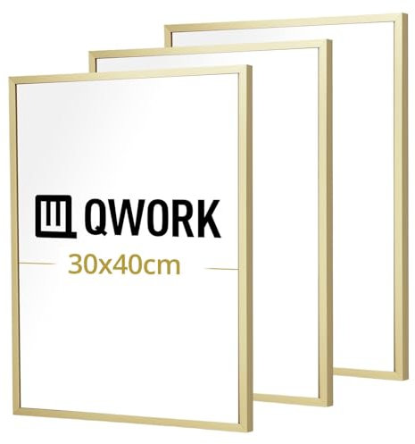 QWORK® 3er Set Aluminium Bilderrahmen 30x40 cm Gold - Bruchsicherem Acrylglas - für Portraits, Puzzles, Poster, Urkunden