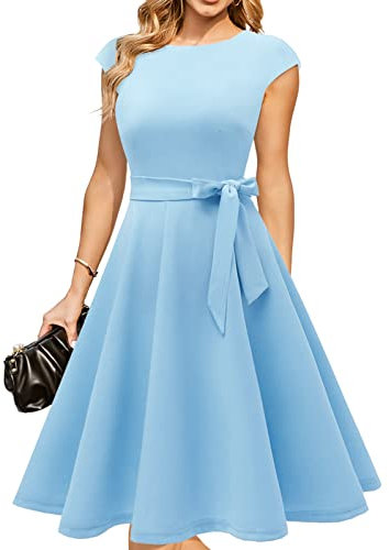 DRESSTELLS Ladies Wedding Guest Dresses, Vintage Formal Cocktail Graduation Prom Tea Party Evening Casual Modest Knee Length Dress 2025 Blue S