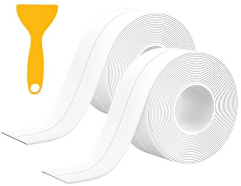 2 Bande Etancheite Autocollante PVC Joint Autocollant Salle de Bain Longueur 5m Joint Toilette Largeur 38mm Joint Salle de Bain Blanc Joint Plan de Travail Cuisine Bande Etancheite Autocollante Douche
