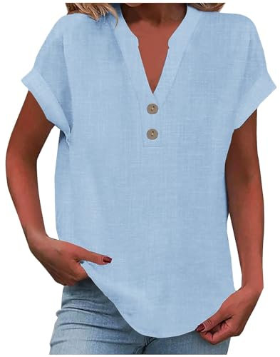 Tagesangebote Heute Crop Top Damen Guenstig Shirt Sommer Damen Leicht Kurzarm V-Ausschnitt Knopf Lässige T-Shirts Bluse Lose Tunika Tops Pullover Oberteile Damen Top Sale