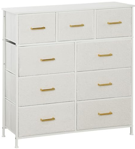 HOMCOM Chest of Drawers with 9 Fabric Drawers, Boucle Storage Organiser with Steel Frame, Fabric Dresser for Bedroom, Living Room, Hallway, Cream White