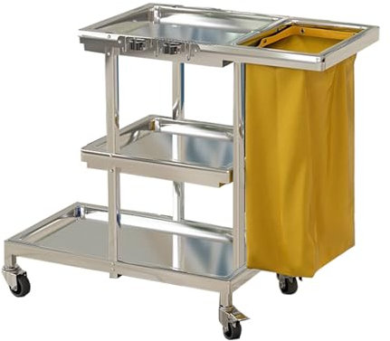 TRGCJGH Profi Reinigungswagen mit extra groß Tasche,3 Ebenen Putzwagen Edelstahl,Hausmeisterwagen Reinigungswagen, mit Müllsack 65L(L,Yellow)