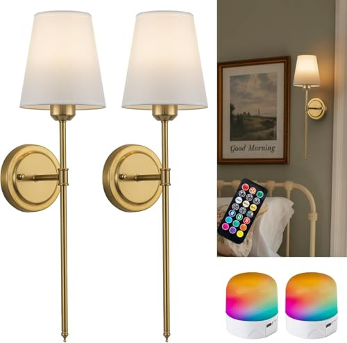 FTL Battery Operated Wall Lights Set of 2 - RGB Dimmable Rechargeable Wall Sconces for Living Room Bedroom, Gold Fabric Wireless Lighting with Remote and Detachable Bulbs, No Hardwiring
