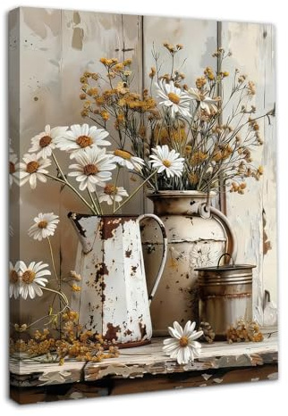 Dazzlewall Gerahmte Rustikale Gänseblümchen Blumen Wandbild, Vintage Land Blumen Leinwand Bild für Badezimmer Schlafzimmer Dekor 30x40 cm
