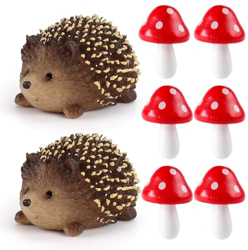 YEWCEP Pilz Deko, Feengarten Zubehör mit 2 Die Igel und 6 Pilzen, Miniatur Garten Deko, Dekofiguren Garten, Hochwertiges Resin für Innen und Außenbe